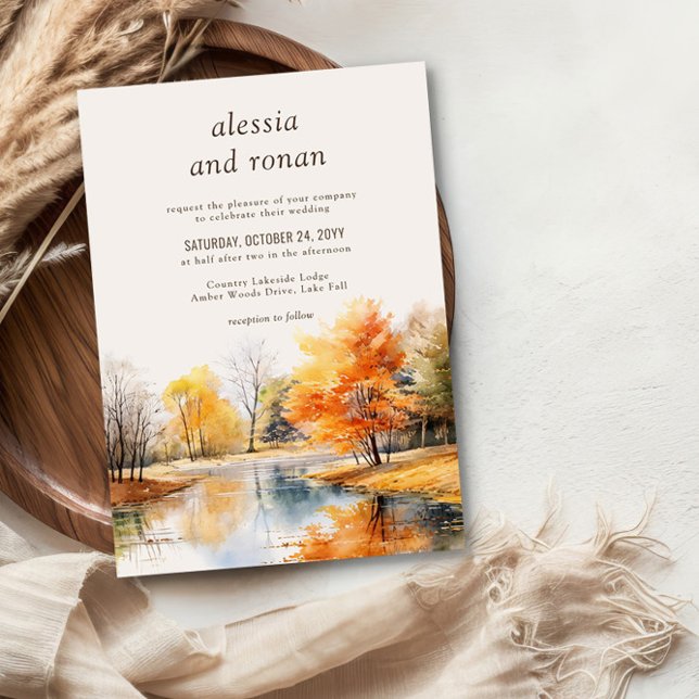 Fall Lake Watercolor Destination Wedding Inbjudningar (Fall Lake Wedding Invite by Darling & May - buy digital download or order professional prints.)