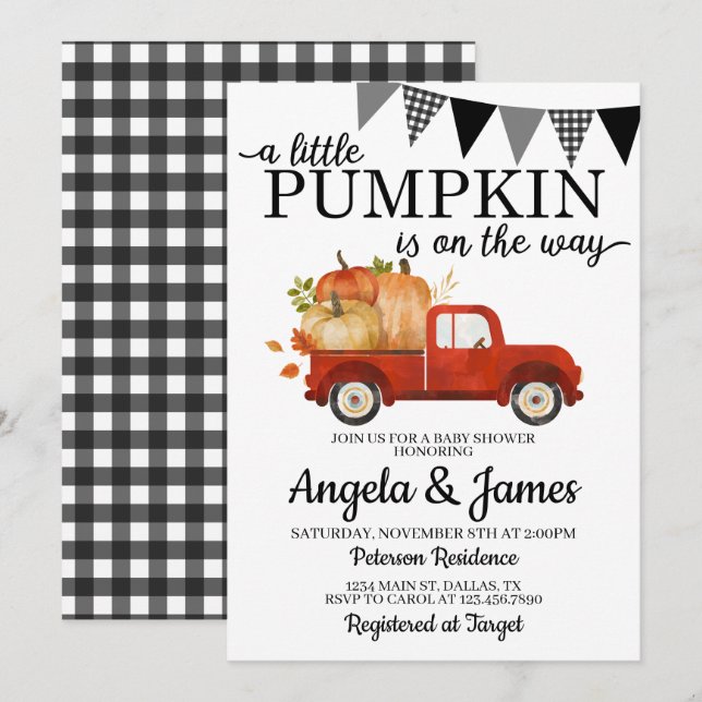 Fall Lastbil Baby Shower-inbjudan Pumpkin-korriger Inbjudningar (Fram/baksida)