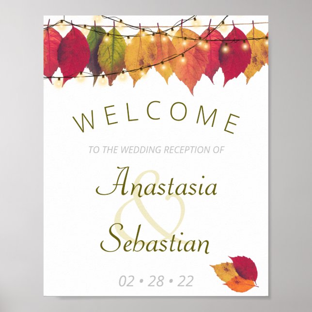 Fall Leaf  String Lights Wedding Reception Welcome Poster (Framsidan)