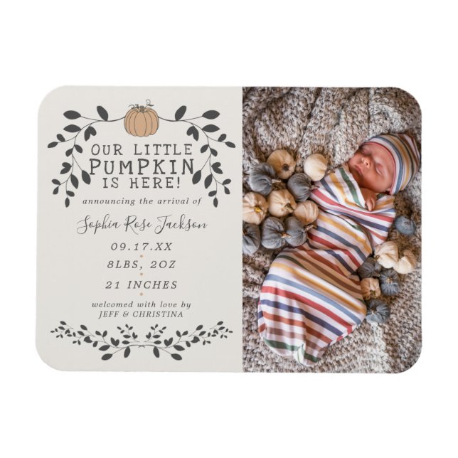 Fall Little Pumpkin Baby Birth Announcement Magnet (Horisontell)