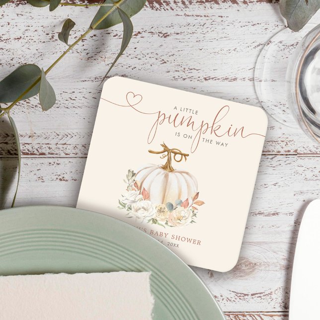 Fall Little Pumpkin Baby Shower Underlägg Papper Kvadrat (A little pumpkin fall floral rustic baby shower coaster decor is perfect way to celebrate.)