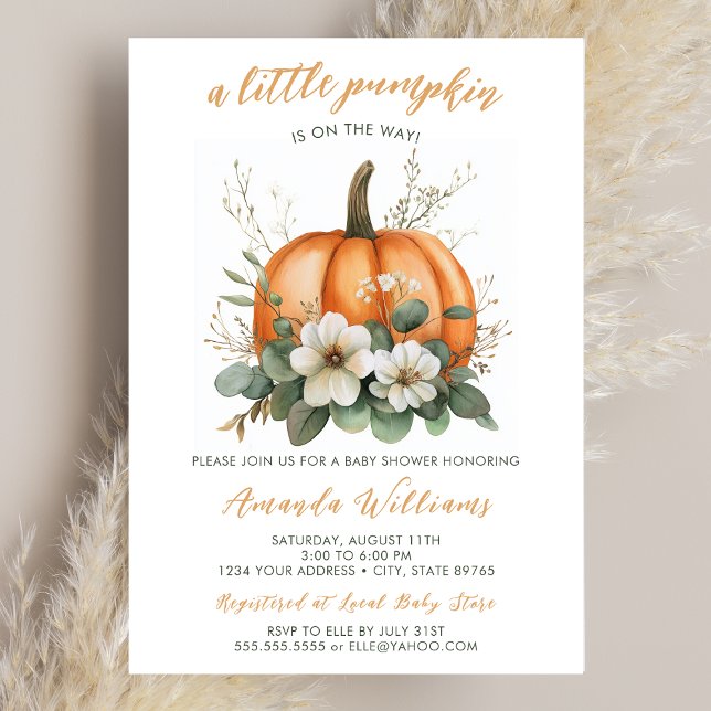 Fall Little Pumpkin på Way Baby Shower Inbjudningar (A baby shower invitation featuring an orange pumpkin and florals.)