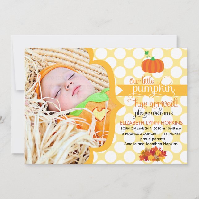 Fall Little Pumpkin Photo Birth Notice Meddelande (Framsida)