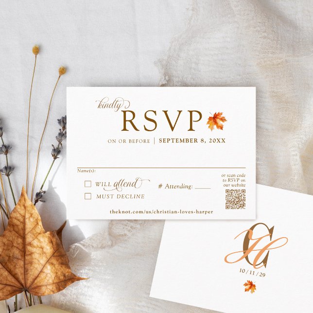 Fall Löv Rustic Autumn Bröllop QR Code OSA Tilläggskort (Watercolor Fall maple leaf Simple modern elegant formal QR code monogram Autumn wedding RSVP card)
