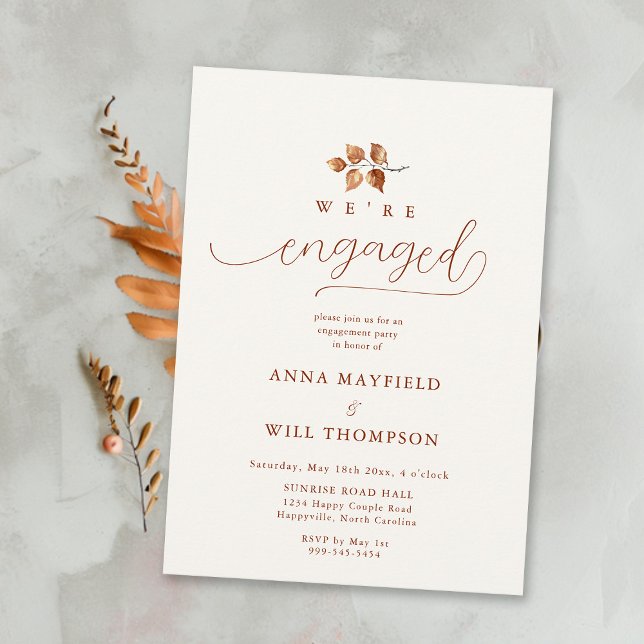 Fall Löv Terracotta Soft Calligraphy Förlovning Inbjudningar (Fall Engagement Party Invitation Romantic Elegant Calligraphy Terracotta Autumn Foliage)