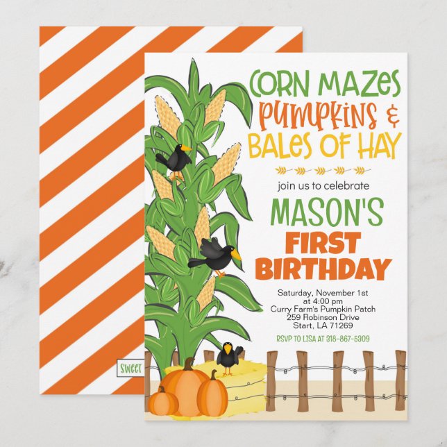 Fall Maj Maze Pumpkin Boy Birthday Inbjudningar (Fram/baksida)
