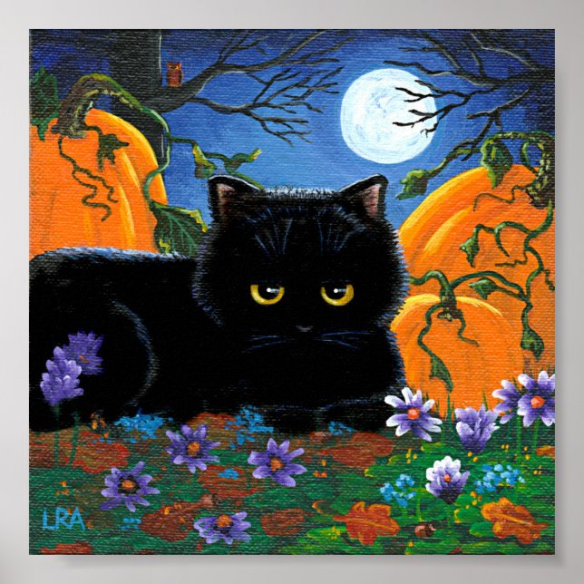 Fall Måne Black Cat Pumpkins Creationarts Poster (Framsidan)