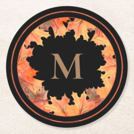 Fall Maple Löv Monogram Black Underlägg Papper Rund