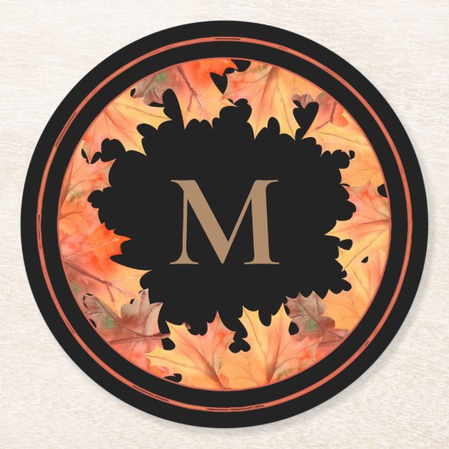 Fall Maple Löv Monogram Black Underlägg Papper Rund (Framsidan)