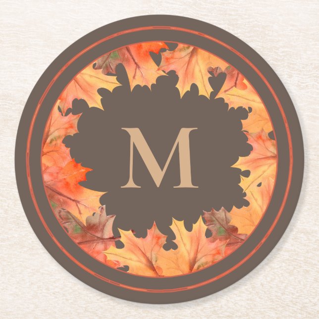 Fall Maple Löv Monogram Brown Underlägg Papper Rund (Framsidan)