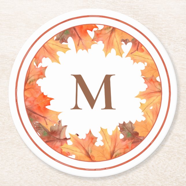 Fall Maple Löv Monogram Underlägg Papper Rund (Framsidan)