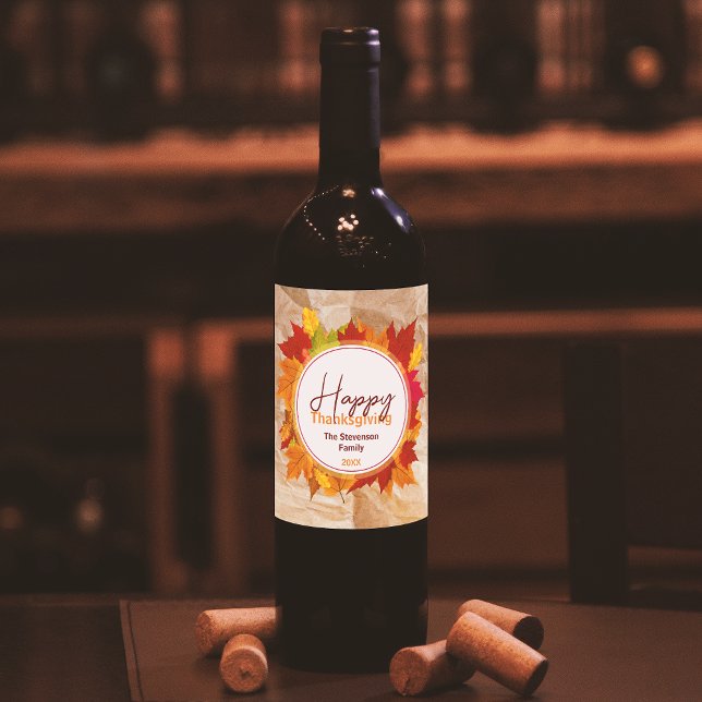 Fall Maple-Löv på Pappra Struktur-Thanksgivingen Vinflaska Etikett (Skapare uppladdad)