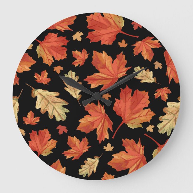 Fall Maple Löv Thanksgiving Mönster Stor Klocka (Framsida)