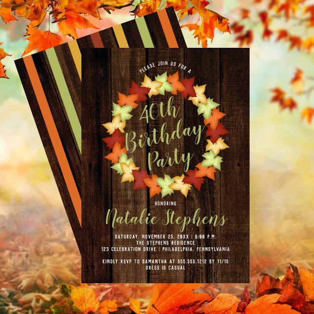 Fall Maple Löv WANDERFÅNGSFÅNGSFÅGELN Födelsedagsf Inbjudningar (Fall Maple Leaves Wreath Faux Wood 40th Birthday Party Invitation)