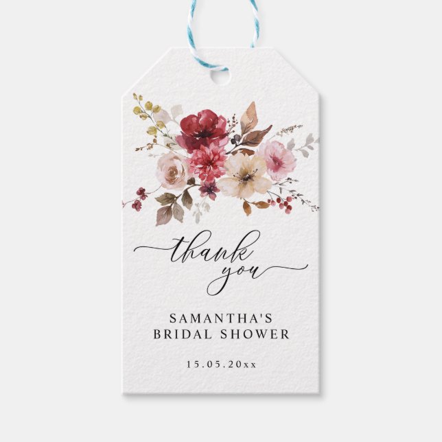 Fall Maron Blommigt Rosa Burgundy Wedding Favor Presentetikett (Framsidan)