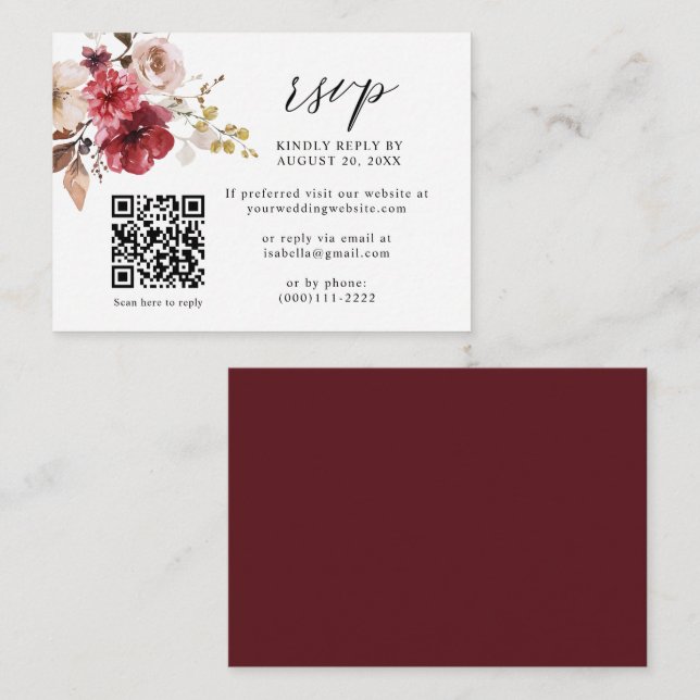 Fall Maroon Beige Rosa Blommigt QR Code Bröllop OS Tilläggskort (Fram/baksida)
