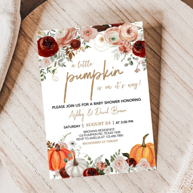 Fall Marsala Burgundy Blommigt Pumpkin Baby Shower Inbjudningar (Fall Floral Pumpkin Baby Shower Invitation)