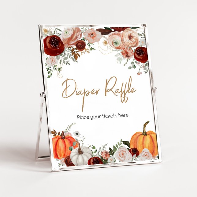 Fall Marsala Burgundy Blommigt Pumpkin Diaper Raff Poster (Fall Floral Pumpkin Baby Shower Diaper Raffle Sign)