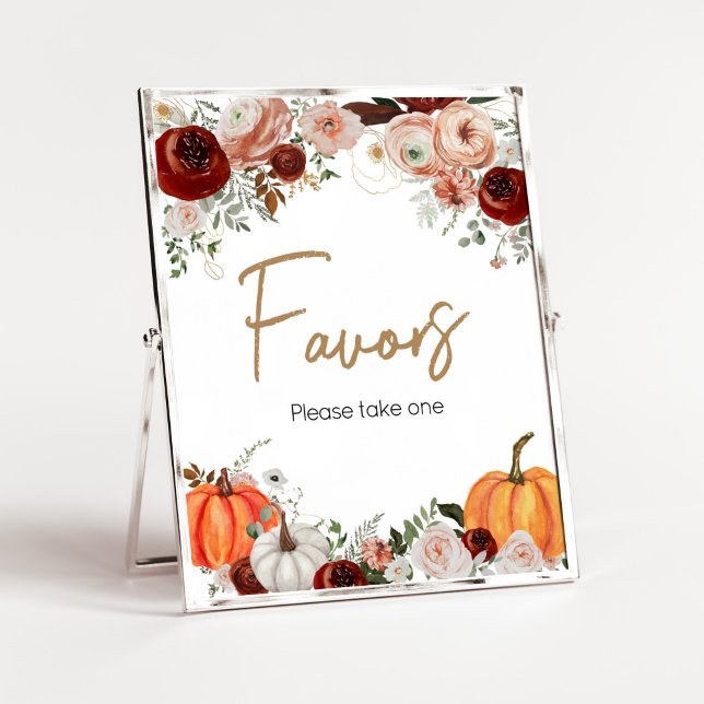Fall Marsala Burgundy Blommigt Pumpkin Favors Poster (Fall Floral Pumpkin Baby Shower Favors Sign)