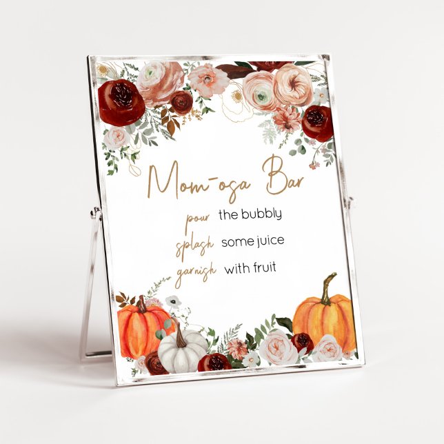 Fall Marsala Burgundy Blommigt Pumpkin Mamma Osa P Poster (Fall Floral Pumpkin Baby Shower Mom Osa Bar Sign)