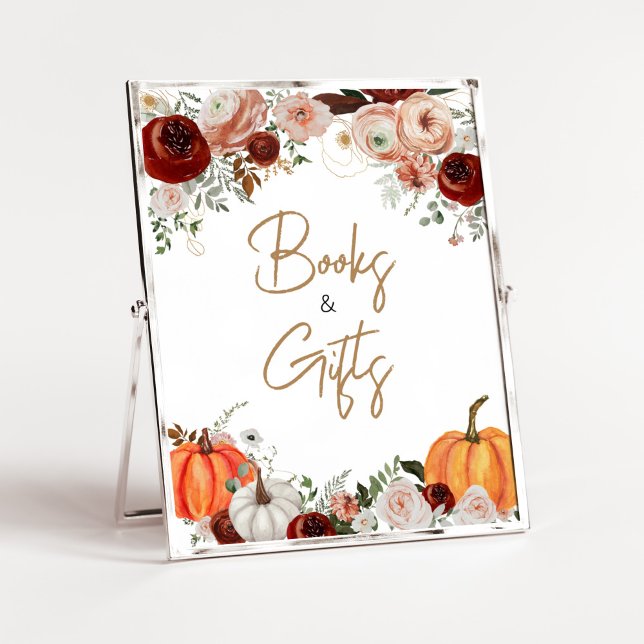 Fall Marsala Burgundy Pumpkin Bokar och Gifts Poster (Fall Floral Pumpkin Baby Shower Books and Gifts Sign)