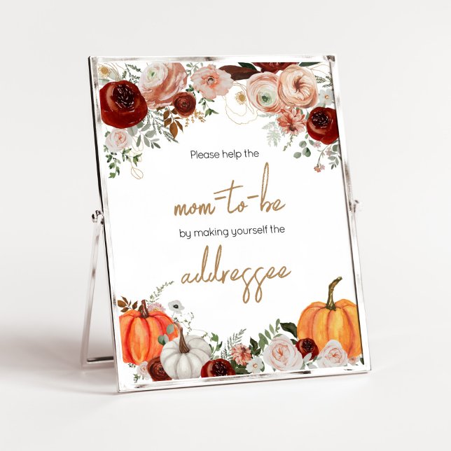 Fall Marsala Burgundy Pumpkin Kuvert Station Poster (Fall Floral Pumpkin Baby Shower Envelope Station Sign)