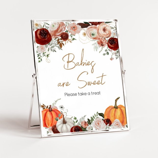 Fall Marsala Burgundy Pumpkin Spädbarn är Sweet Poster (Fall Floral Pumpkin Baby Shower Babies are Sweet Sign)