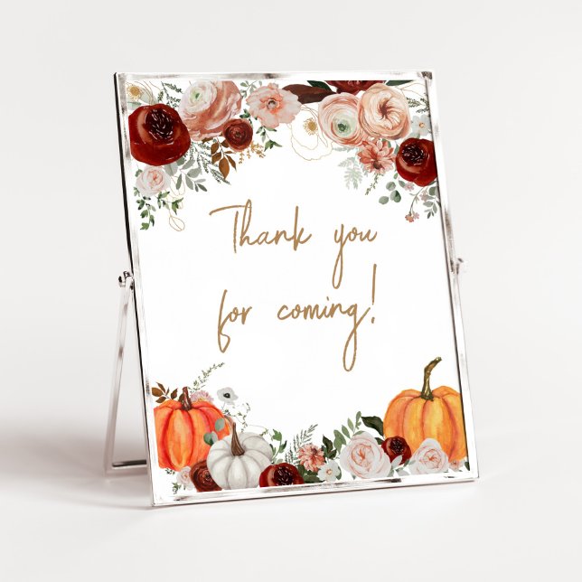 Fall Marsala Burgundy Pumpkin Tack för att du kom Poster (Fall Floral Pumpkin Baby Shower Thank you for Coming Sign)