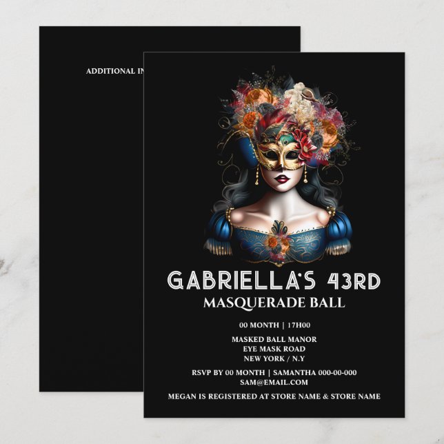 Fall maskerad elegant för zigenarblått guld inbjudningar (Fram/baksida)