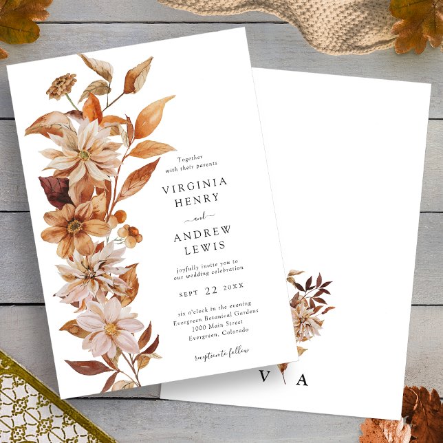 Fall Modern Blommigt Bröllop Inbjudningar (Fall Modern Floral Wedding Invitation back Monogram by Painted Paperie
)