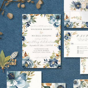 Fall Modern Blommigt Watercolor Blue Ivory Bröllop Inbjudningar