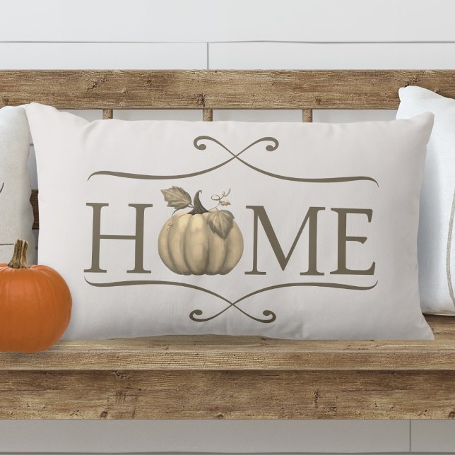 Fall Modern Farmhouse HOME-citat med Pumpkin Lumbarkudde (Autumn Modern Farmhouse HOME Lumbar Pillow with Pumpkin Accent)