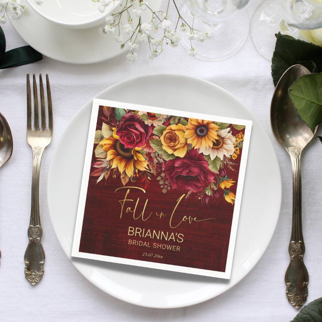 Fall möhippa burgundy ro solblommor pappersservett (Fall in love burgundy roses sunflowers autumn fall bridal shower personalized napkins)