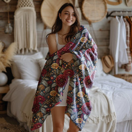 Fall Moody Peony Burgundy på Mörk Grått Blommigt Fleecefilt