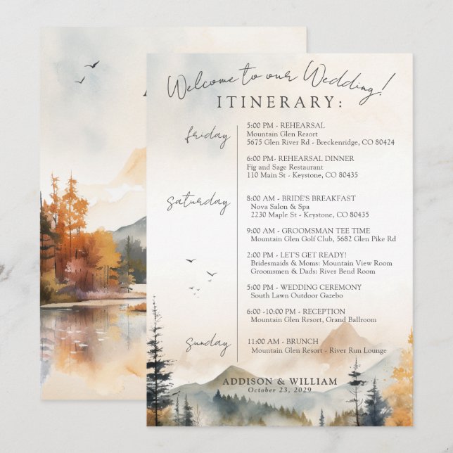 Fall Mountain Bröllop Välkomstpåse Itinerary Kort (Fram/baksida)