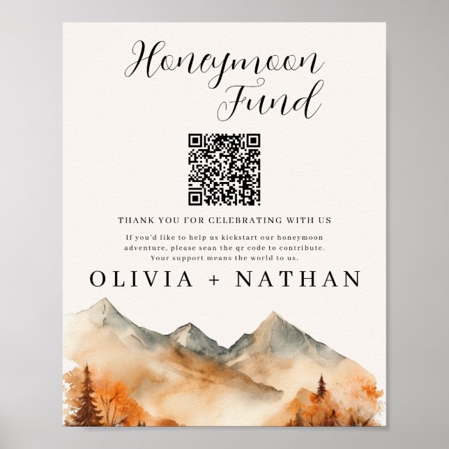 Fall Mountain Honeymoon Fund Bröllop Sign Poster (Framsidan)