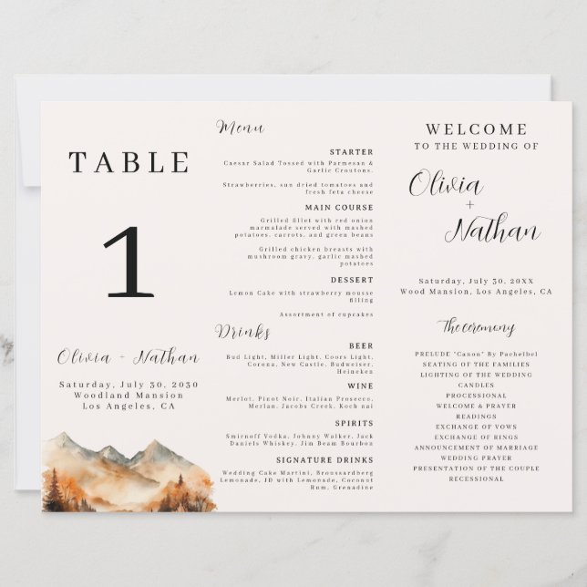 Fall Mountain Tri-Fold Bröllop Menu-Bordsnumret (Framsida)