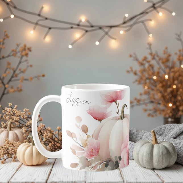 Fall Mugg med rosa Pumpkins and Flowers (Skapare uppladdad)