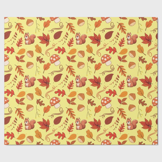 Fall Mushroom and Squirrel Sömless Wrapping Papper Presentpapper (Seam)