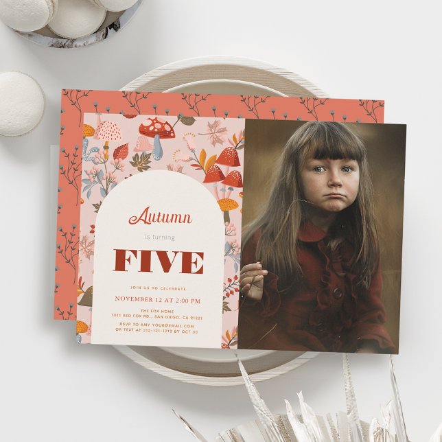 Fall Mushroom Wildbloms Birthday Rosa Photo Inbjudningar (Skapare uppladdad)