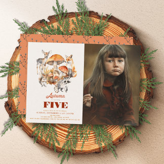 Fall Mushroom Woodland Animals Birthday Photo Inbjudningar
