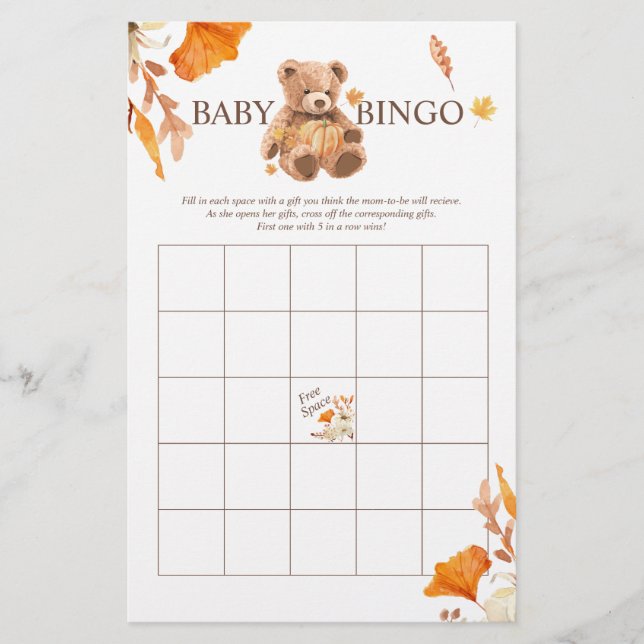 Fall Nalle BINGO Baby Shower Game Flyer (Framsidan)