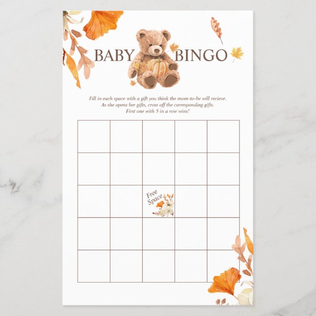 Fall Nalle BINGO Baby Shower Game Flyer (Framsidan)