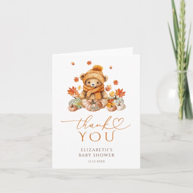 Fall Nalle och Pumpkin Baby Shower-Tack Tack Kort (Framsida)