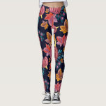 Fall Navy Pumpkin Löv Watercolor Mönster Leggings<br><div class="desc">Detta moderna och söta fall i mönster är perfekt för höst- och vintersäsongerna. Den har handmålad burgundisk rosa, grönt, marinblått, orange, gyllene gult och lila vattenfärgspumpor, höst löv och bär mönster ovanpå en enkel marinblå bakgrund. Det är konst, modernt, vackert, unikt och trendig. ***VIKTIG DESIGN-ANMÄRKNING: Om du vill ha en...</div>