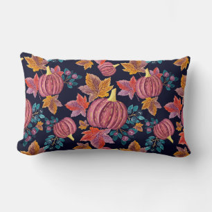Fall Navy Pumpkin Löv Watercolor Mönster Lumbarkudde