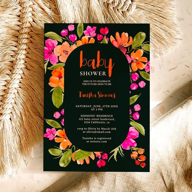 Fall neutralt orange rosa blommigt -manusdusch för inbjudningar (Fall boho pink orange floral script baby shower invitation on dark)