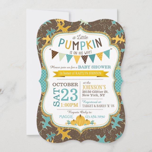 Fall Oak Löv och Pumpkins Baby Shower Inbjudan (Framsida)