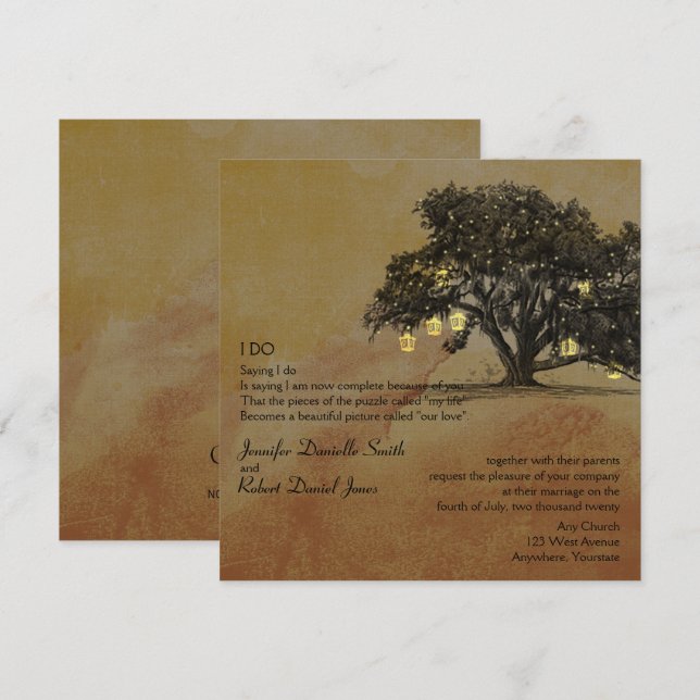 Fall Oak Träd och Lantern Bröllop Inbjudningar (Fram/baksida)