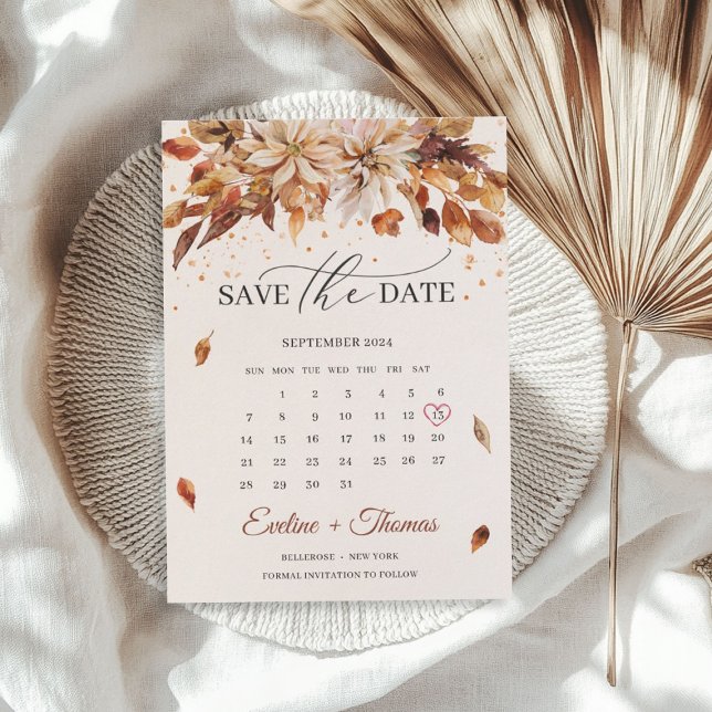 Fall och Autumn Flowers Marigold Calendar Boho Spara Datumet (Fall and Autumn Flowers Marigold Calendar Boho Save The Date)